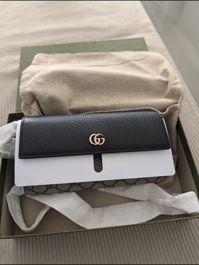 Gucci Black Leather and GG Canvas Chain Wallet with Gold Hardware
